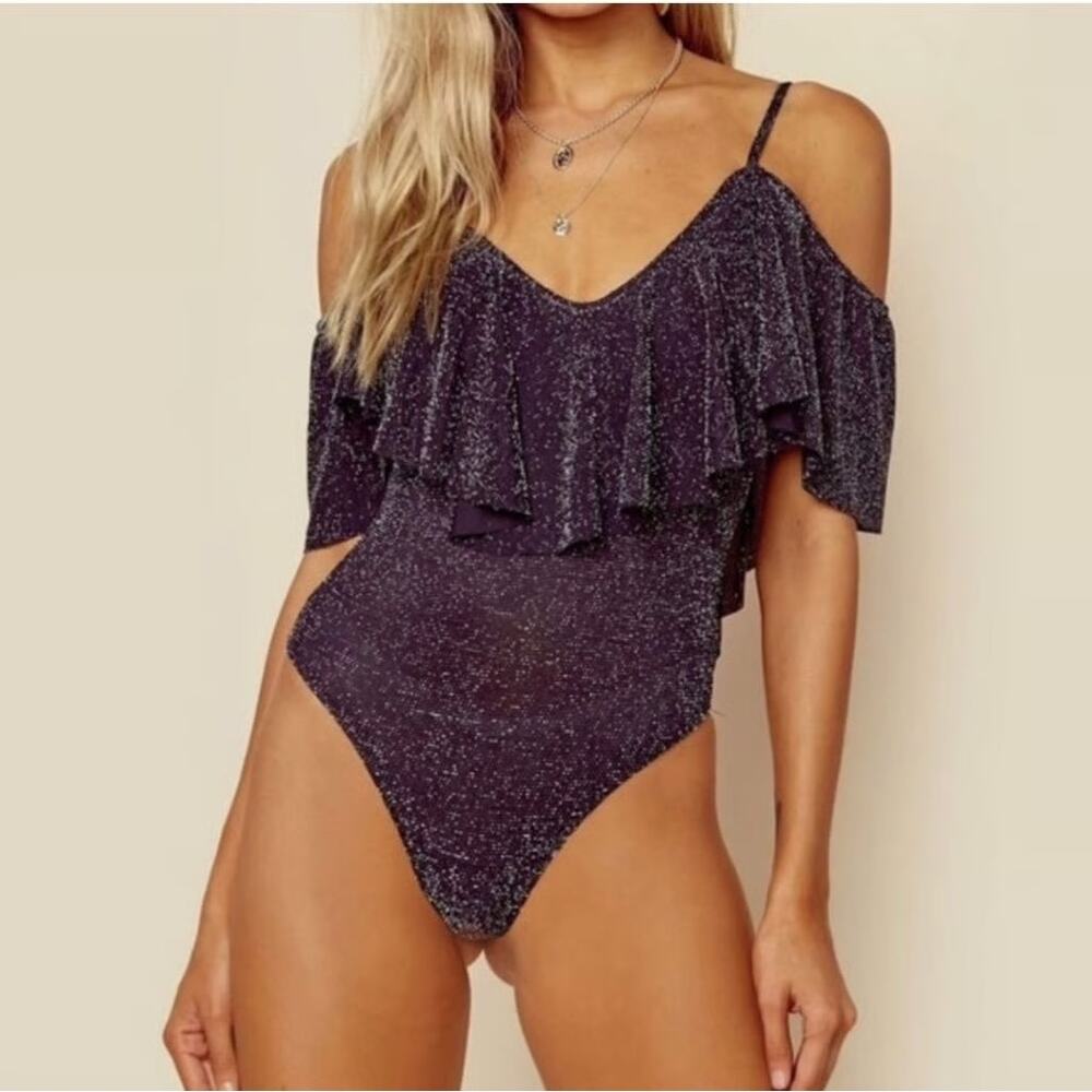 Show Me Your Mumu Tara Sparkly Black Silver Ruffle Off-the-Shoulder Bodysuit